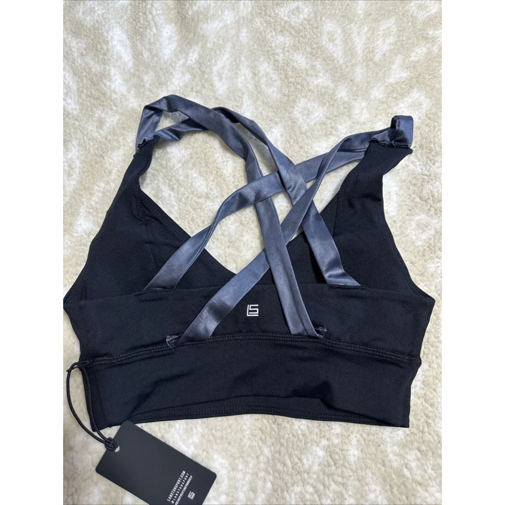 Lanston Sport Bra Cropped XS Top Padded Black And Grey Crisscross Back NWT - Picture 2 of 7